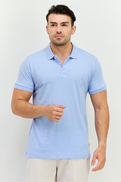 French Connection Men Regular Fit Short Sleeves Brand Logo Polo Shirt, Sky Blue