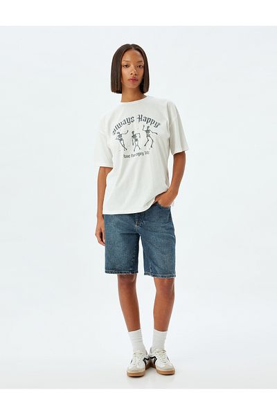 Koton ecru Oversized Printed T-Shirt