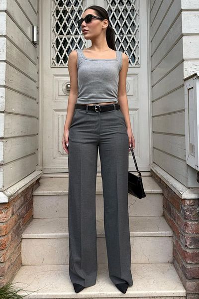 Madmext Anthracite High Waist Fabric Pants Mg2285