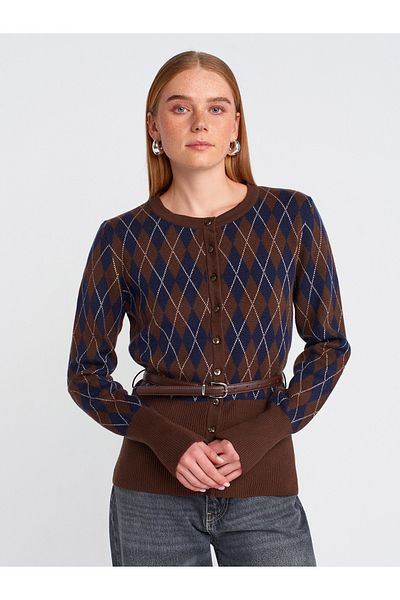 Dilvin 60956 Crew Neck Belted Knitwear Cardigan - Brown m