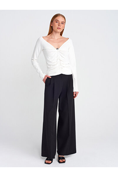 Dilvin Ecru V-Neck Front Gathered Knitwear Sweater - 10710