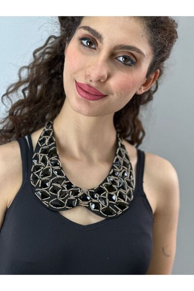 Gönülden Tasarım Siyah Bağlamalı Taşlı Kadın Yaka Kolye