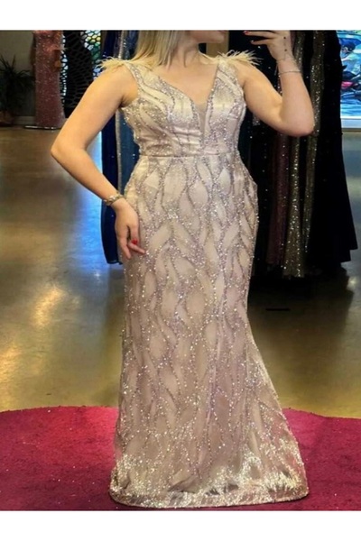 fistan omuzları tüy detaylı abiye elbise 7530