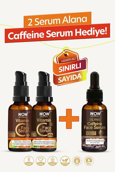 WOW Skin Science Vitamin C Face Serum - 20% C-Vit and Caffeine, 3-Piece Set with Gift, Limited Stock