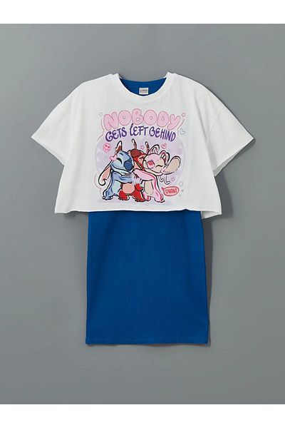 LC Waikiki LCW Kids White Crew Neck Lilo και Stitch εμπριμέ μπλουζάκι και φόρεμα για κορίτσια