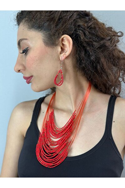 Gönülden Tasarım Çoklu Boncuklu Kadın Kolye Küpe Set 28 Cm