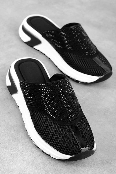 Lal Shoes & Bags Γυναικείες Παντόφλες Πέτρινες Διχτυωτές Λεπτομερείς-μαύρες