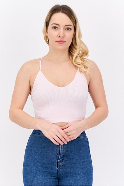Guess Women V-Neck Sleeveless Ribbed Cropped Top, Pink