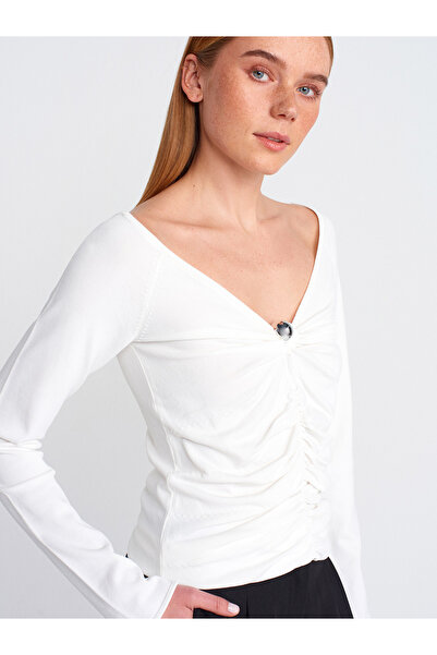 Dilvin Ecru V-Neck Front Gathered Knitwear Sweater - 10710