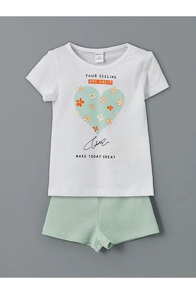 LC Waikiki Lcw Eco Green Crew Neck Printed Girls' T-Shirt and Shorts 2-Piece