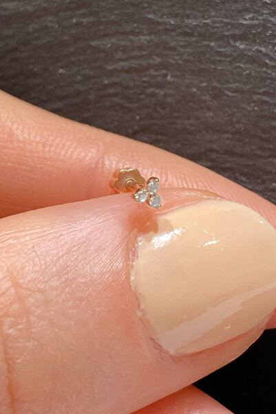 La femme by begum Beyaz Taşlı Mini Üçgen  Arka Top Döndürmeli Rose Gümüş Piercing,helix,conch,flat,tragus