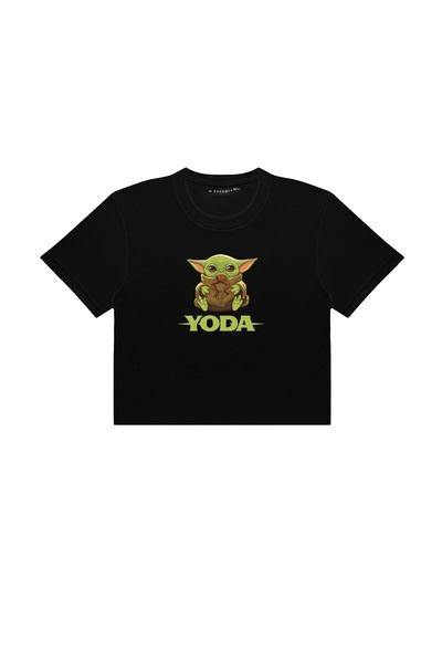 Sekizbiraltı Baby Yoda Printed Black Crop Top