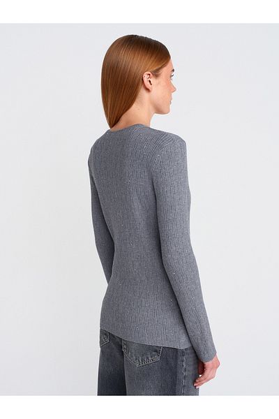 Dilvin 10708 Model V-Neck Thin Sweater - Sequin, Soft Texture, Smoked m