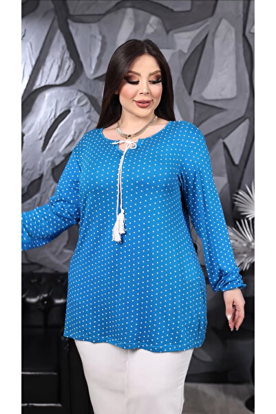 HÜLYA BUTİK Women's Plus Size Turquoise Polka Dot Neckline Lace up Blouse