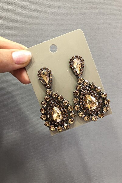 Hobigram Yuvarlak Gold Kristal Taşlı Işıltılı Gelin Küpe – Kadın Aksesuar Tak...