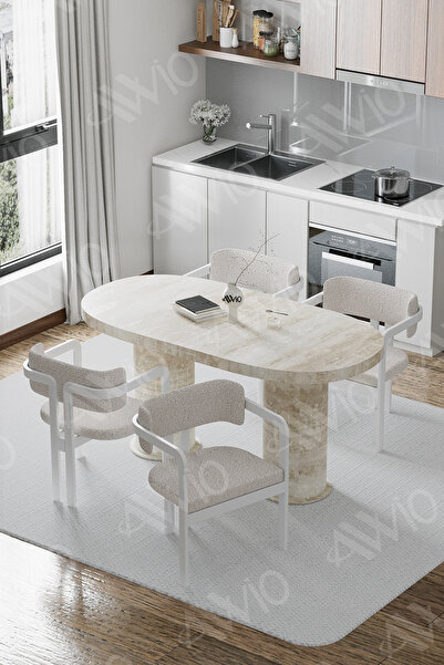 AVVİO Nora Traverten 80X 160 Yemek Masası Mutfak Masası 4 Kişilik Masa Sandal...