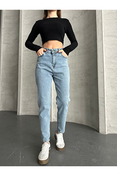 WODDİ Mona Blue Snow wash Mom Jean Pantaloni boyfriend din denim lycra cu tal...