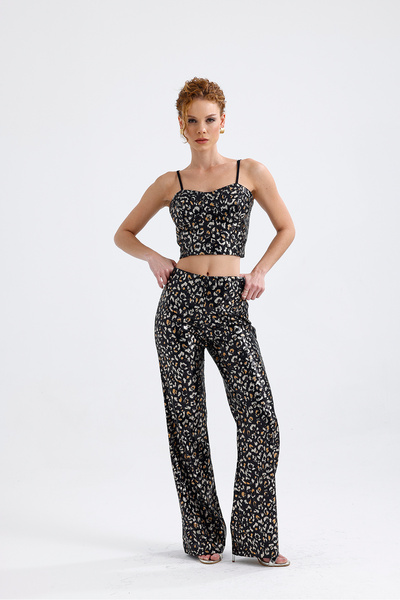Sense Wide Leg Sequin Trousers |   Pnt32440 Black Gold Leopard