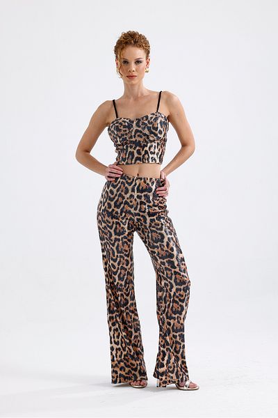 Sense Wide Leg Sequin Trousers |   Pnt32440 Large Red Leopard