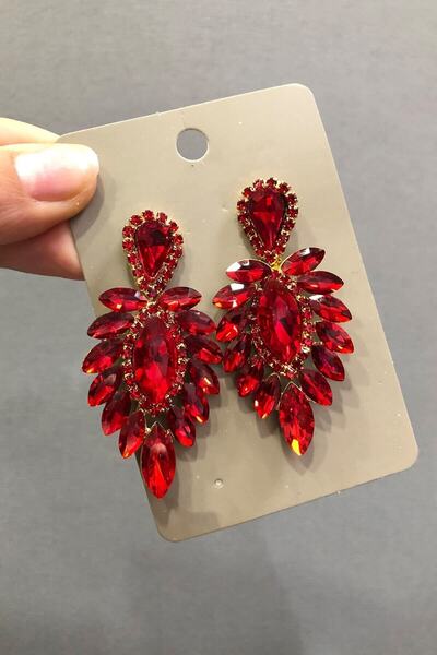 Hobigram Kırmızı Inceli Mekikli Taşlı Şık Düğün Kına Küpesi – Kadın Aksesuar ...