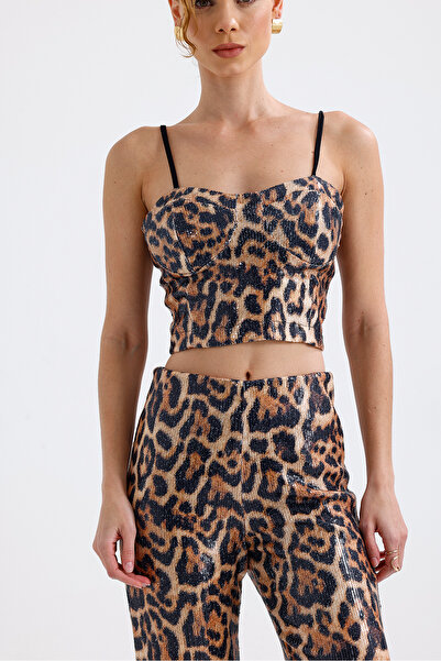 Sense Glop Zip Sequin Sequin Bustier |   Bus32675 Large Red Leopard