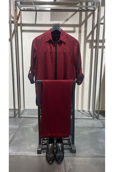 SERTUĞ Tren42Plus Large Size Geometric Pattern Sleeve Epaulette Detailed Burgundy Double Suit