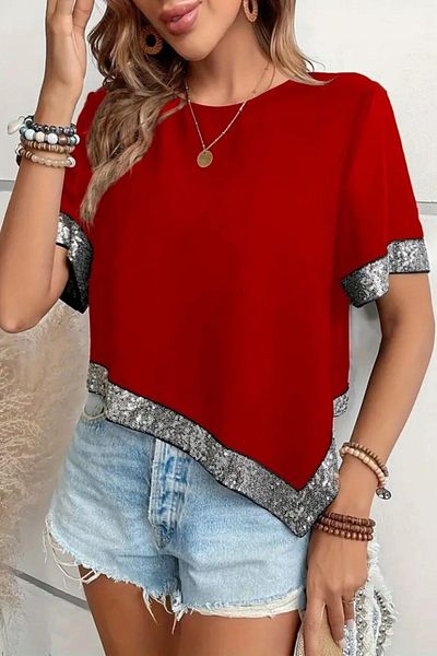 Mossta Asymmetric Cut Sequined Crepe Blouse Red