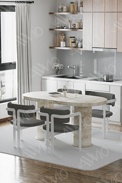 AVVİO Nora Traverten 80X 140 Yemek Masası Mutfak Masası 4 Kişilik Masa Sandal...