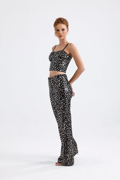 Sense Wide Leg Sequin Trousers |   Pnt32440 Black Gold Leopard