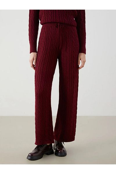 LC Waikiki Lcw Modest Burgundy Elastic Waist Self Patterned Women's Knitwear Pants