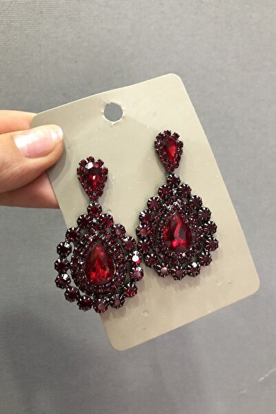 Hobigram Bordo Yuvarlak Kristal Taşlı Işıltılı Gelin Küpe – Kadın Aksesuar Ta...