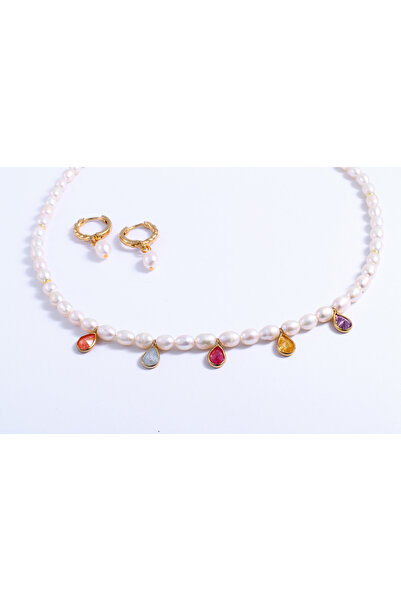 B Design jewelry Rainbow Kristal Taşlı İnci Kolye