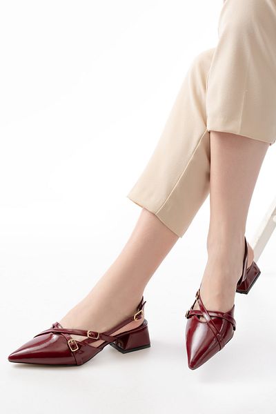 buğrahayalin Mary Jane Burgundy Open Back Pointed Toe Short Block Heeled Baretli Belt Detailed
