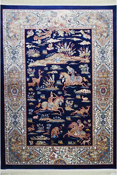Quality İran Av Sahnesi Figürlü Lacivert Renk Bambu Halı (83x125 cm)