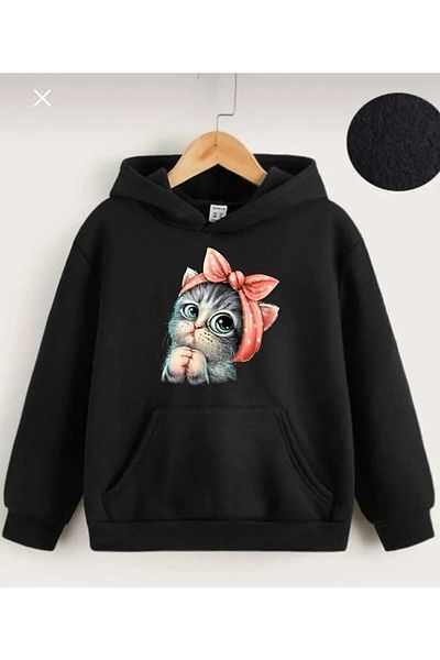 aynewmoda Cute Cat Printed Hooded Oversize Sweatshirt