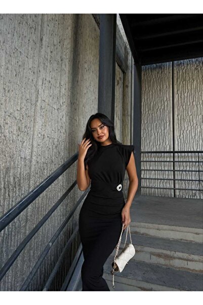 madamjasmine Dámské závěsy Detailní vycpaná brož Midi Délka Jehla Detailní černé tužkové prémiové šaty 743