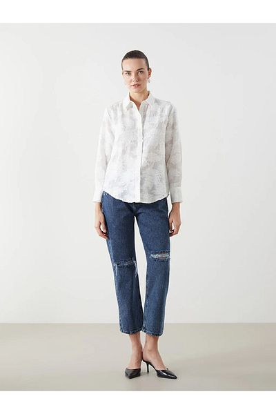 LC Waikiki Koszula damska LCWAIKIKI Classic Ecru Loose Fit Patterned