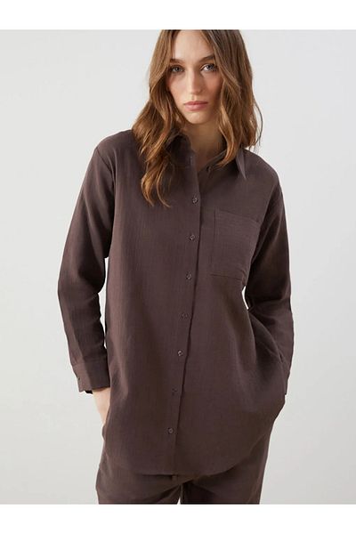 LC Waikiki Γυναικείο πουκάμισο LCW Modest Brown Loose Fit Muslin Tunic