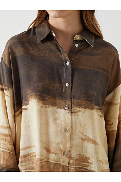LC Waikiki LCW Vision Kahverengi Desenli Oversize Saten Kadın Gömlek