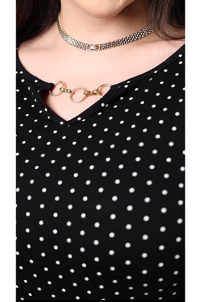 HÜLYA BUTİK Women's Plus Size Black Polka Dot Neckline Chain Accessories Blouse