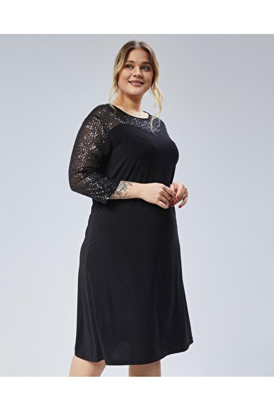 Şans Plus Size Black Sequin Dress - Crew Neck 65N38794