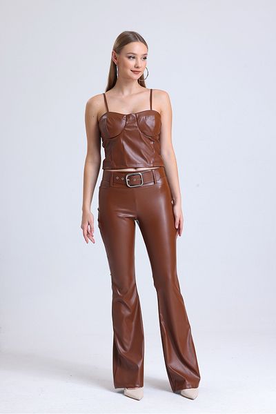 Sense Pantaloni din piele artificială cu centură evazată Pnt33313 Maro