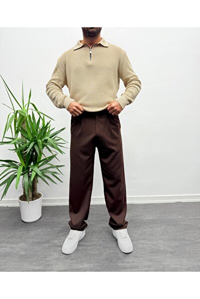 MENOFOURSWEAR Acı Kahve Pileli Baggy Kumaş Pantolon
