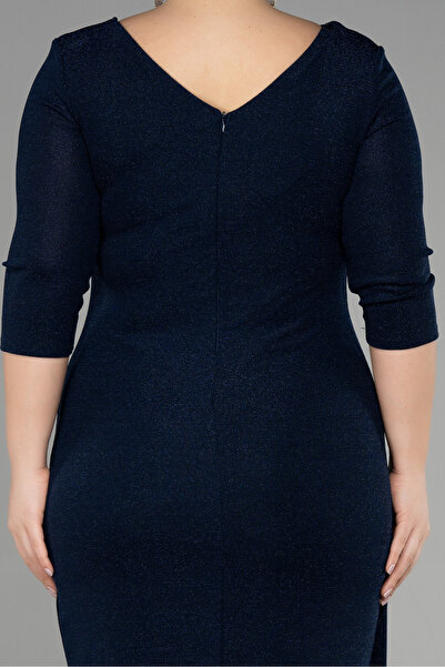 Efelif Lacivert Kapri Kol Midi Simli Büyük Beden Davet Elbisesi ABK39922