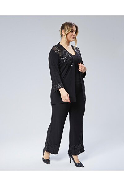 Şans Kadın Büyük Beden Siyah, Ön Ve Kol Ağzı Pul Payet İşli Hırka 65N38792