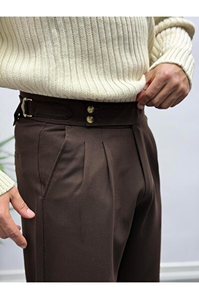 MENOFOURSWEAR Acı Kahve Çift Toka Detaylı Baggy Kumaş Pantolon