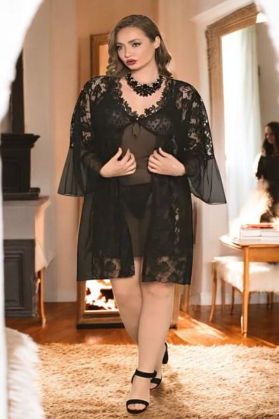 Qvien Secret Plus Size Black Lace Dressing Gown Nightgown Set