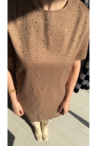 Flow Taba Taşlı Keten Kısa Elbise