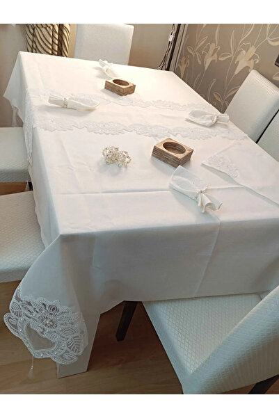 Çt Çeyizci Tekstil 12 Kişilik Masa Örtüsü Takımı, Masa Seti 12 Kişilik 26 Parça 160x220cm Yarım Dantel