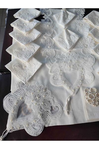 Çt Çeyizci Tekstil طقم مفارش سفرة لـ 12 فرد، طقم ترابيزة لـ 12 فرد 26 قطعة 160×220 سم نصف دانتيل